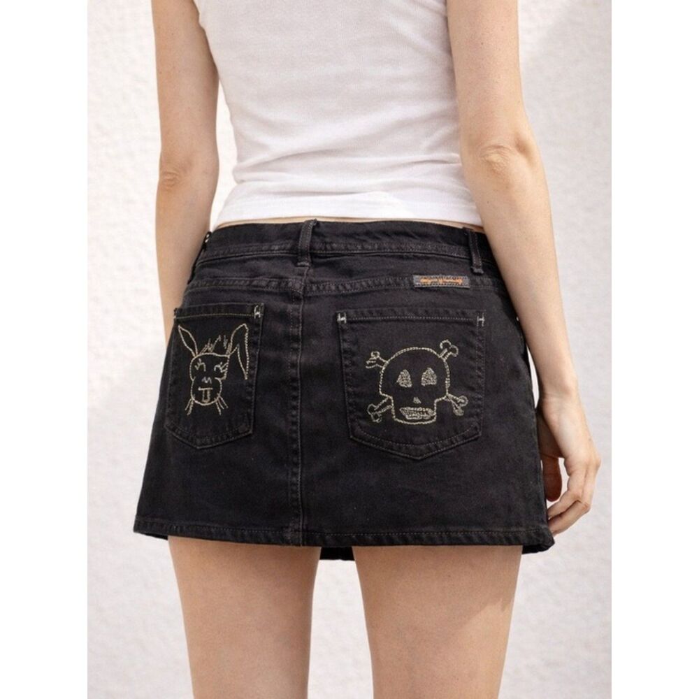 Citizens of Humanity Vtg Y2K Mini Jean Skirt Size 30 Skull & Bunny Pockets Black